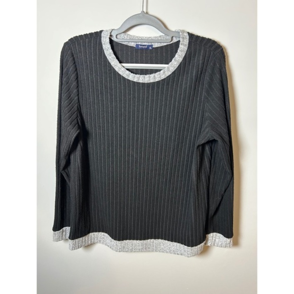 Sampeel Womens XL Ribbed Long Sleeve Black Grey Crew Neck Lightweight Sweater